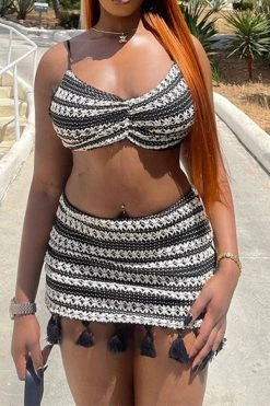 Striped Beachy Tassel Crochet Dress Suit