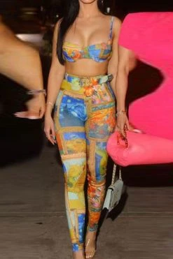 Abstract Art Print Party Bodycon Pant Suit -Clothing-PrettyTina C23062576 YE 3