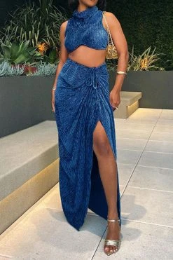 Solid Color Modern Draped High Split Dress Suit