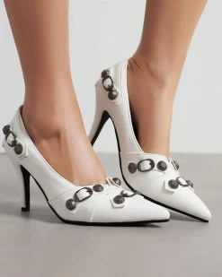 Rivet Design Punk Pointed Toe Heels -Clothing-PrettyTina C23062844 WH 1