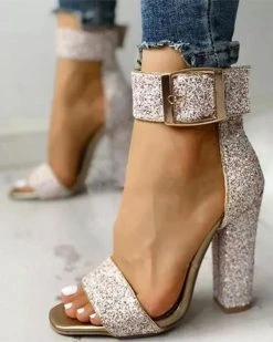 Sequined One Strap Shimmery Buckled Sandals -Clothing-PrettyTina C23062867 GO 1
