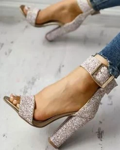 Sequined One Strap Shimmery Buckled Sandals -Clothing-PrettyTina C23062867 GO 3