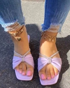 Bow Design Sweet Square Toe Slippers -Clothing-PrettyTina C23062889 PU 1