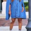 Solid Color Stylish Cape Sleeve Denim Coat
