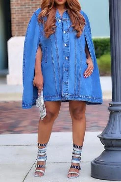 Solid Color Stylish Cape Sleeve Denim Coat