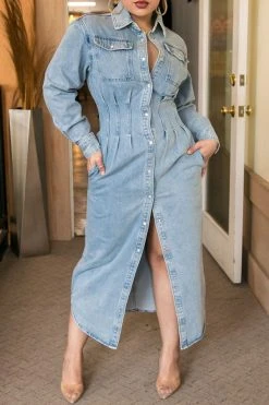 Solid Color Urban Single Breasted Denim Midi Dress