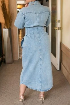 Solid Color Urban Single Breasted Denim Midi Dress -Clothing-PrettyTina C23070659 BL 3