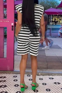 Striped Casual Drawstring Pant Suit -Clothing-PrettyTina C23070680 BK 2