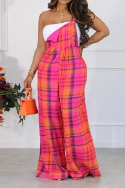 Plaid Casual Suspenders Wide Leg Jumpsuit