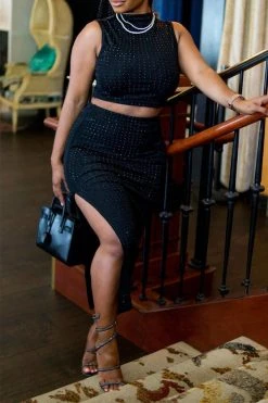 Rhinestone Lowkey High Split Dress Suit -Clothing-PrettyTina C23071477 BK 3