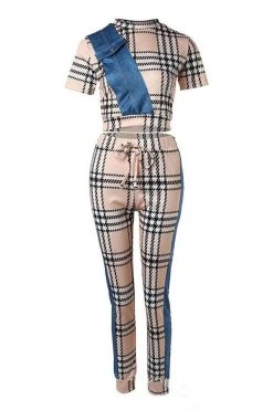 Plaid Patchwork Classic Drawstring Pant Suit -Clothing-PrettyTina C23071490 KH 3