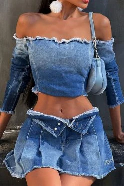 Gradient Girly Off Shoulder Denim Blouse