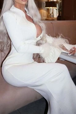 Solid Color Stylish Feather Trim Trumpet Sleeve Maxi Dress -Clothing-PrettyTina C23072166 WH 4