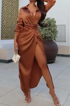 Solid Color Hot Lace-Up High Split Maxi Dress -Clothing-PrettyTina C23072170 CH 3