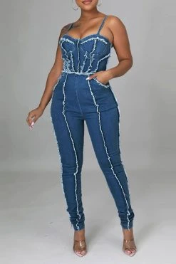 Patchwork Smart Spaghetti Strap Denim Jumpsuit -Clothing-PrettyTina C23072178 BL 4