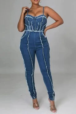 Patchwork Smart Spaghetti Strap Denim Jumpsuit -Clothing-PrettyTina C23072178 BL 5