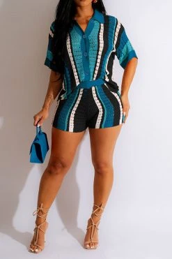 Color Block Hollow-Out Cozy Knitted Pant Suit -Clothing-PrettyTina C23072187 BL 1