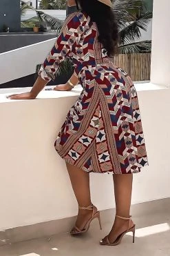 Geometric Print Retro Drawstring Dress Suit -Clothing-PrettyTina C23072194 RT 3
