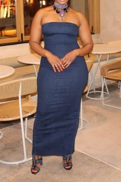 Solid Color Smart Bandeau Denim Midi Dress -Clothing-PrettyTina C23072748 BL 3
