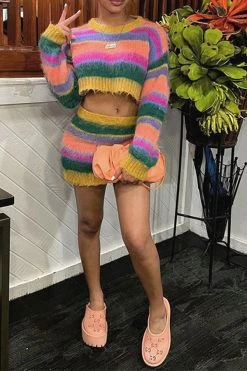 Rainbow Striped Pretty Knitted Dress Suit -Clothing-PrettyTina C23072756 RT 4