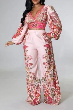 Tribal Floral Print Classic Wide Leg Pant Suit