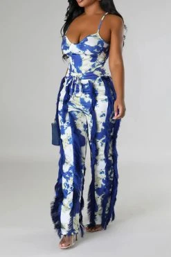 Tie Dye Pretty Tassel Patchwork Pant Suit -Clothing-PrettyTina C23072770 BL 2