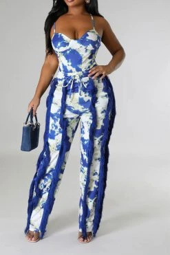 Tie Dye Pretty Tassel Patchwork Pant Suit -Clothing-PrettyTina C23072770 BL 4