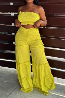 Strap Shirred Sweet Stringy Selvedge Wide Leg Pant Suit -Clothing-PrettyTina C23072782 YE 1