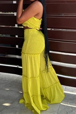 Strap Shirred Sweet Stringy Selvedge Wide Leg Pant Suit -Clothing-PrettyTina C23072782 YE 2