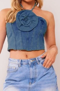 3D Flower Decor Halter Collar Smart Denim Camisole 6 3D Flower Decor Halter Collar Smart Denim Camisole -Clothing-PrettyTina C23080107 BL 3