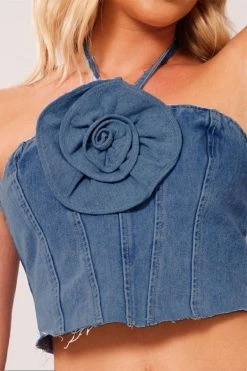 3D Flower Decor Halter Collar Smart Denim Camisole 7 3D Flower Decor Halter Collar Smart Denim Camisole -Clothing-PrettyTina C23080107 BL 4