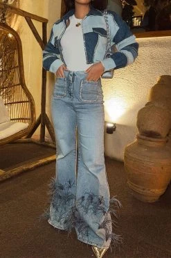 Feather Trim Rocking Bell Bottoms Jeans -Clothing-PrettyTina C23080108 BL 5