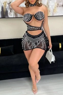 Beaded & Rhinestone Decor Flirty See-Through Irregular Mini Dress