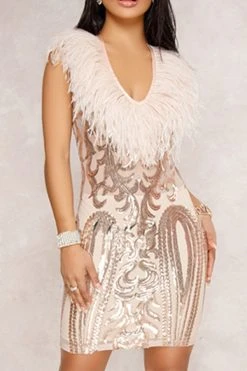 Feather Trim Luxe Sequined Mini Dress -Clothing-PrettyTina C23080146 GO 3