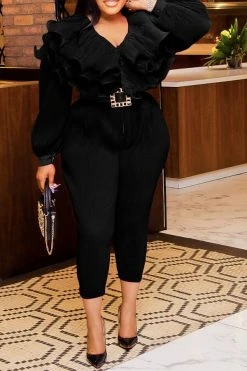 Hem Wired Ruffle Sweet Drawstring Jumpsuit -Clothing-PrettyTina C23080147 BK 1