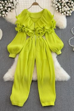 Hem Wired Ruffle Sweet Drawstring Jumpsuit -Clothing-PrettyTina C23080147 GR 1