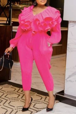 Hem Wired Ruffle Sweet Drawstring Jumpsuit