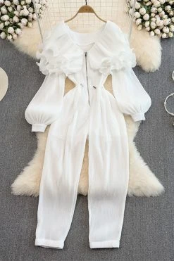 Hem Wired Ruffle Sweet Drawstring Jumpsuit -Clothing-PrettyTina C23080147 WH 1