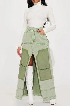 Color Block Patchwork Unique High Split Denim Skirt 10 Color Block Patchwork Unique High Split Denim Skirt -Clothing-PrettyTina C23082822 GR 1