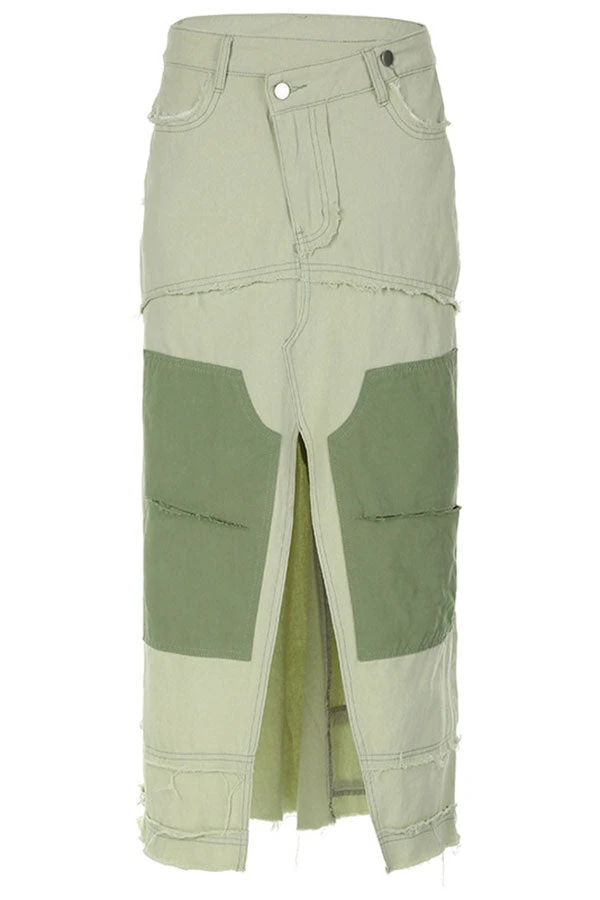 Color Block Patchwork Unique High Split Denim Skirt 7 Color Block Patchwork Unique High Split Denim Skirt - Image 7