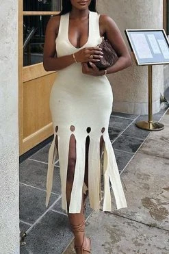 Solid Color Modern Burn-Out Tassel Midi Dress -Clothing-PrettyTina C23082836 WH 3