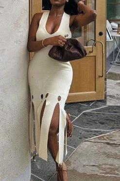 Solid Color Modern Burn-Out Tassel Midi Dress -Clothing-PrettyTina C23082836 WH 4