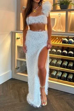 Solid Color Fluffy One Shoulder High Split Dress Suit -Clothing-PrettyTina C23082878 WH 1