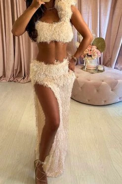 Solid Color Fluffy One Shoulder High Split Dress Suit