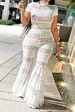 Lace Patchwork Stunning Bell Bottoms Pant Suit -Clothing-PrettyTina C23082891 WH 4