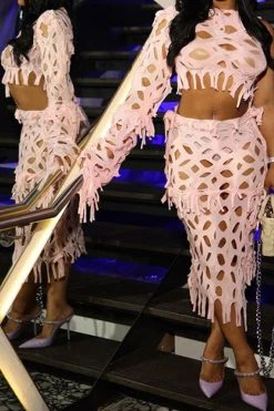 Solid Color Whimsical Burn-Out Tassel Dress Suit -Clothing-PrettyTina C23082892 PI 3