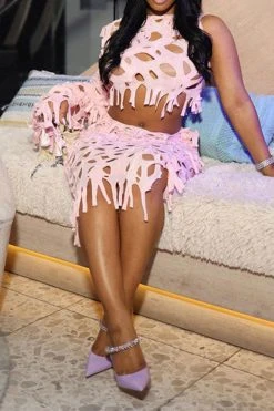 Solid Color Whimsical Burn-Out Tassel Dress Suit -Clothing-PrettyTina C23082892 PI 4