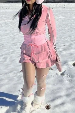 Solid Color Hooded Girly Tiered Dress Suit -Clothing-PrettyTina C23082893 PI 3