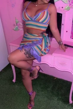 Striped Colorful Tassel Dress Suit