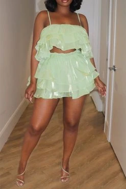 Solid Color Girly Tiered Ruffle Pant Suit -Clothing-PrettyTina CP2305093 GR 1